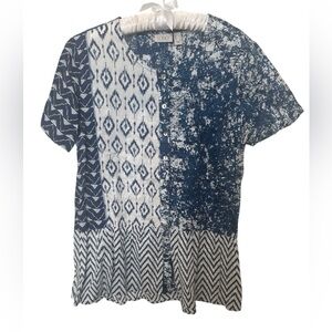 LOGO by Lori Goldstein Blue and White Patterned Top Cotton Blouse Shirt size S